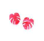 Shady Lady Small Monstera Leaf Studs - Hot Pink Marble