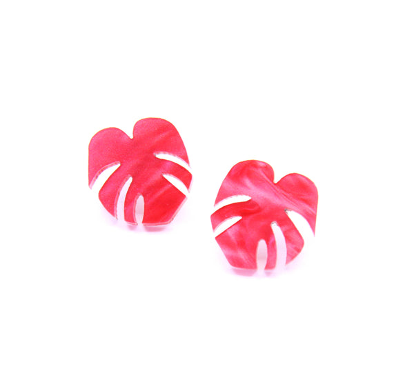 Shady Lady Small Monstera Leaf Studs - Hot Pink Marble